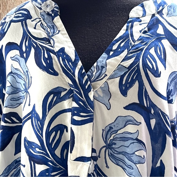 H&M Blue & White Print Loose Wide Sleeve Split Neck Loose Fit Tunic Dress XL - Picture 7 of 9